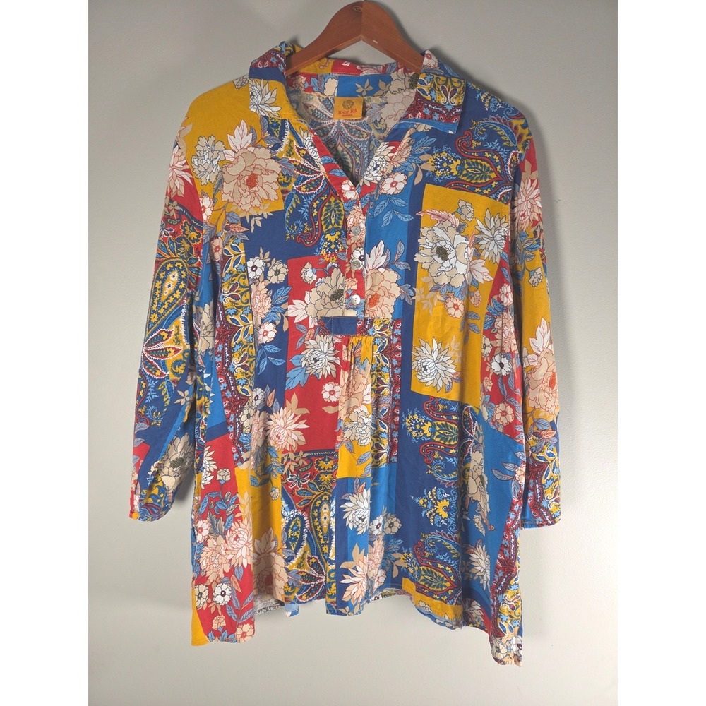 Ruby Rd. Floral Patchwork Tunic in Blue, Yellow, Red
